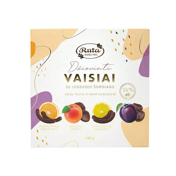 Džiovinti vaisiai su juoduoju šokoladu (55 %), 180 g.