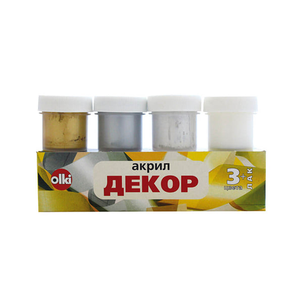 Akriliniai dažai „DEKOR“ OLKI, 3 sp. 15 ml + blizgus lakas