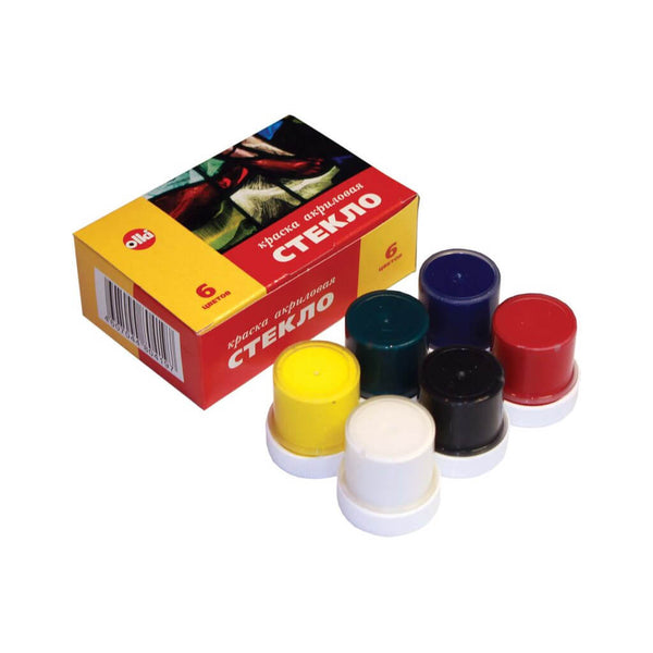 Akrilinių dažų rinkinys stiklui, OLKI, 6 spalvos po 22 ml.