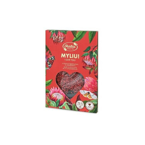 Juodasis šokoladas su braškėmis „Myliu!“, 100 g.