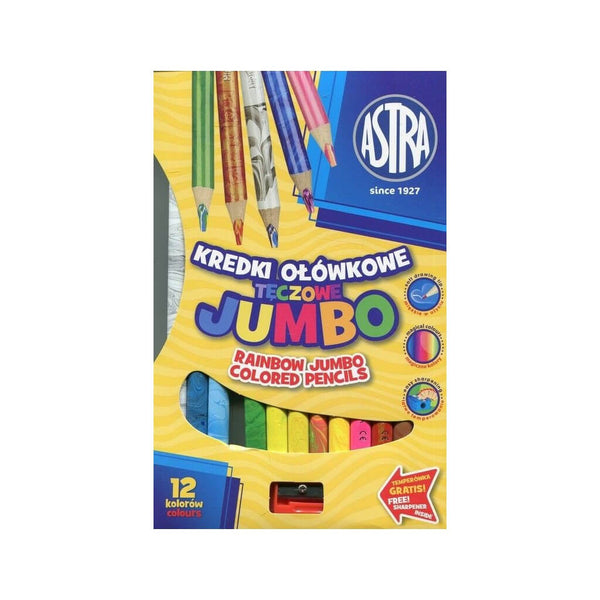 Trikampiai pieštukai su įvairiaspalve šerdele JUMBO, 12 spalvų + drožtukas