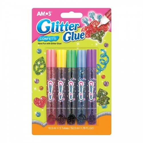 Klijai su blizgučiais GLITTER GLUE KONFETTI, AMOS, 5 spalvų