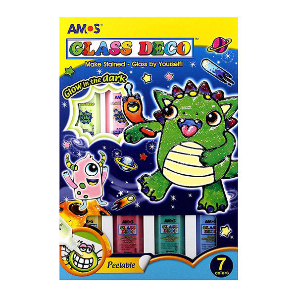 Tamsoje šviečiantis stiklo dekoravimo rinkinys - GLASS DECO, AMOS, 7 spalvų