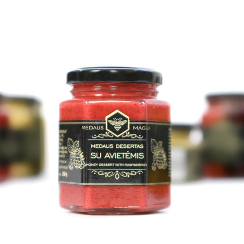 Medaus desertas su avietėmis, 120 g. ir 250 g.