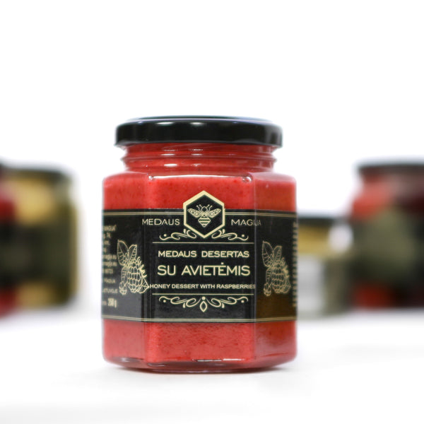 Medaus desertas su avietėmis, 120 g. ir 250 g.