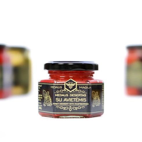 Medaus desertas su avietėmis, 120 g. ir 250 g.