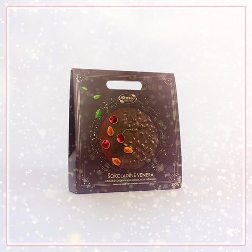 Juodasis šokoladas su migdolais ir vyšniomis. Kalėdinis šokoladas. Kalėdinės dovanos Klaipėdoje, Plungėje, Rietave. Dovanų idėjos-parduotuvė Plunksna