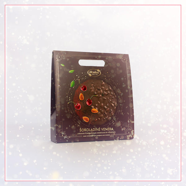 Juodasis šokoladas su migdolais ir vyšniomis. Kalėdinis šokoladas. Kalėdinės dovanos Klaipėdoje, Plungėje, Rietave. Dovanų idėjos-parduotuvė Plunksna