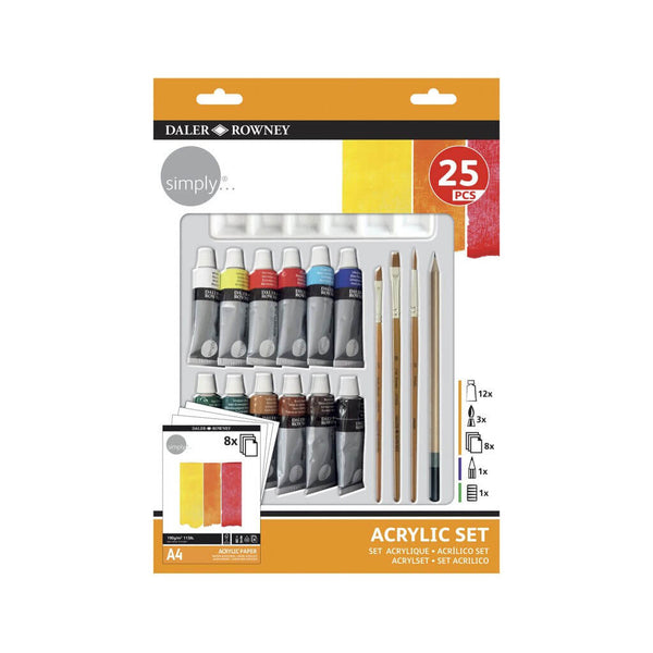 Akrilinių dažų komplektas„SIMPLY“, Daler-Rowney, dažai+teptukai+bloknotas+paletė+pieštukas