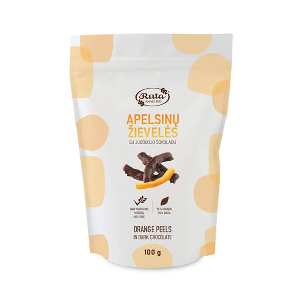 Apelsinų žievelės su juoduoju šokoladu (55%), 100 g.