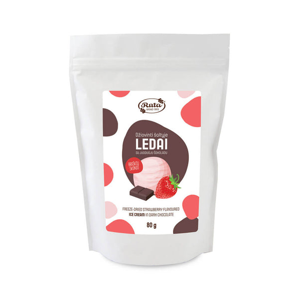 Dražė „Džiovinti šaltyje braškių skonio ledai su juoduoju šokoladu“, 80 g.