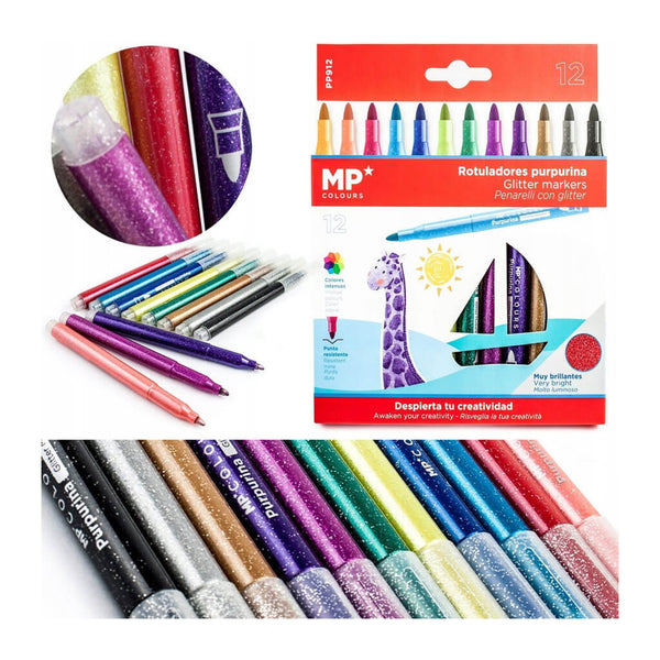 Flomasteriai su blizgučiais, 12 spalvų