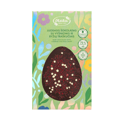 Juodasis šokoladas (75 %) su vyšniomis ir ryžių traškučiais, 100 g