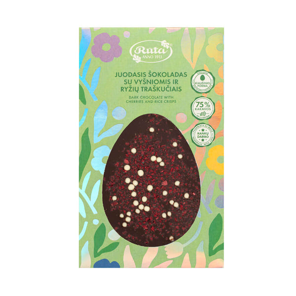 Juodasis šokoladas (75 %) su vyšniomis ir ryžių traškučiais, 100 g