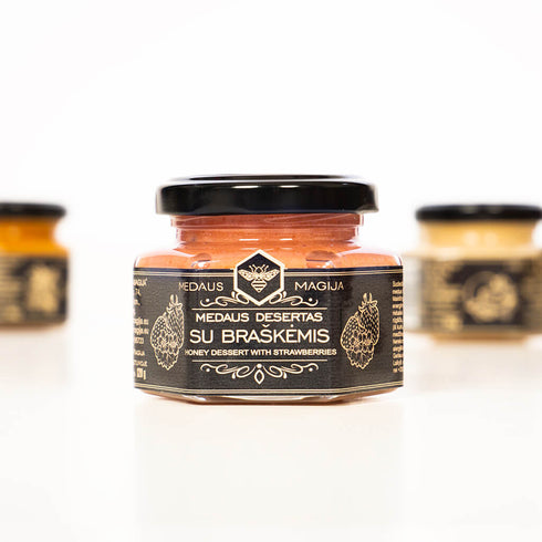 Medaus desertas su braškėmis, 120 g. ir 250 g.