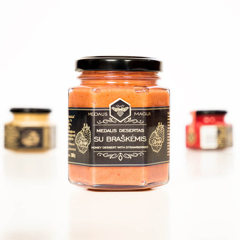 Medaus desertas su braškėmis, 120 g. ir 250 g.