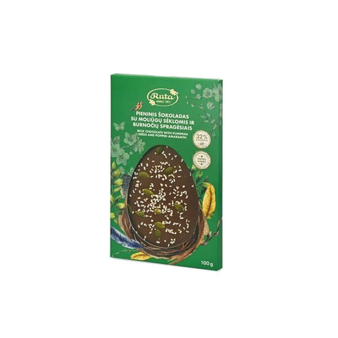 Pieninis šokoladas su moliūgų sėklomis ir burnočių spragėsiais, 100 gm