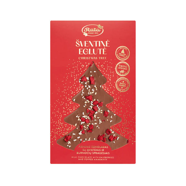 Pieninis šokoladas su avietėmis ir burnočių spragėsiais „Šventinė eglutė“, 100 g