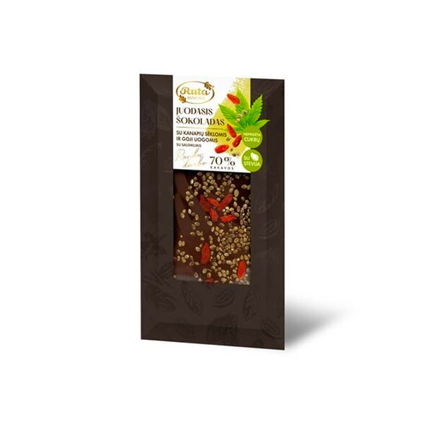 Šokoladas (70 %) su stevija, kanapių sėklomis ir goji uogomis, 100 g