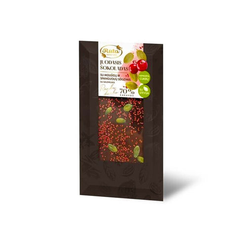 Becukris juodasis šokoladas (70 %) su stevija, moliūgų ir spanguolių sėklomis. Su saldikliais, 100 g