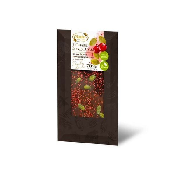 Becukris juodasis šokoladas (70 %) su stevija, moliūgų ir spanguolių sėklomis. Su saldikliais, 100 g