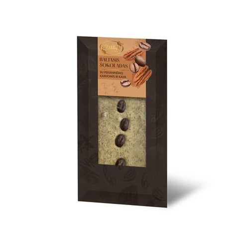Baltasis šokoladas su pekaninėmis karijomis ir kava, 100 g.