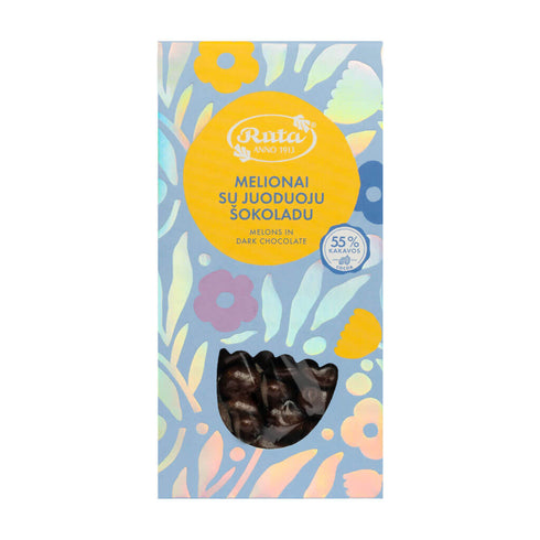 Melionai su juoduoju šokoladu (55 %), 100 g.
